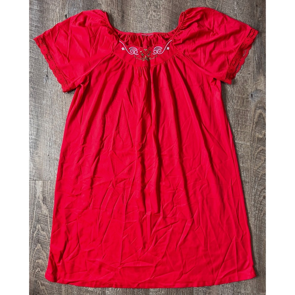 Miss Elaine Classics Nightgown Short Sleeve Size L Red Embroidery Floral‎ VTG